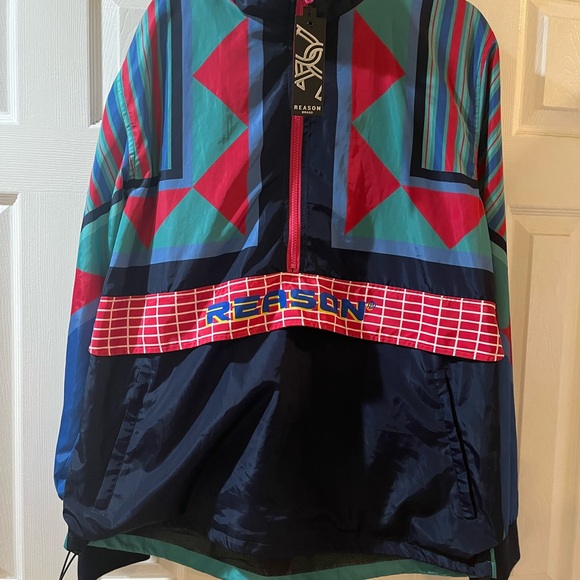 Reason Men's Windbreaker Size XXL Nylon Multicolor Geometric Lined Pockets - Picture 2 of 6